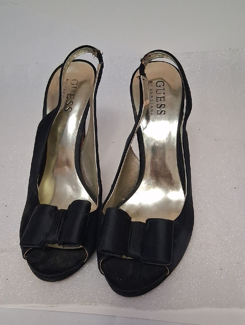 GUESS Black Peep-Toe Slingback Heels with Bow Accent